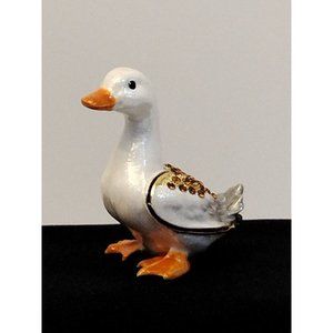 Exquisite Trinket Box Enamel Duck/ White , Gold W/Rhinestones 3"X3"